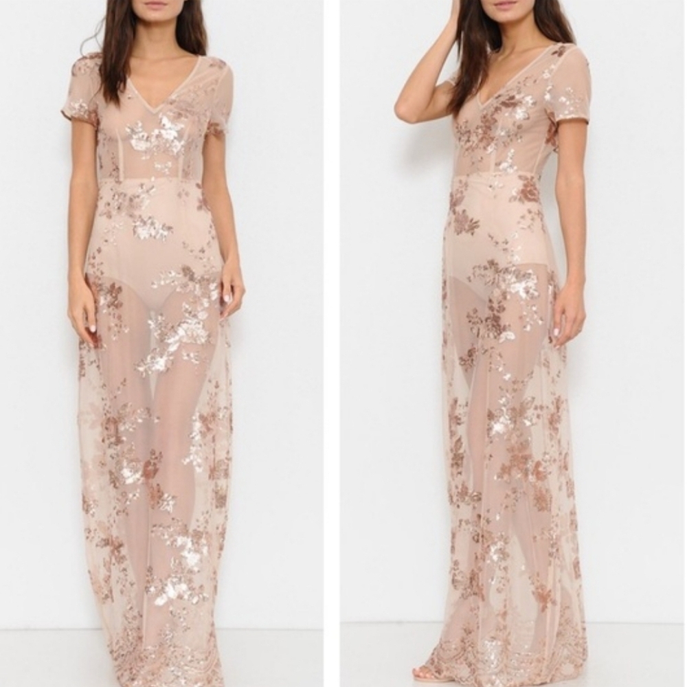 Rose Gold Floral Sequin Dress NWT